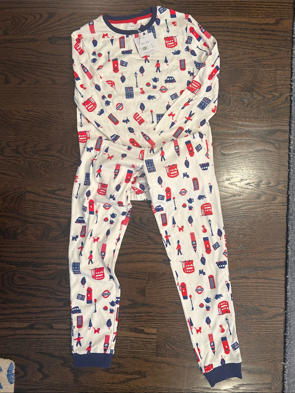 Kids White London-Print Pajama Set with Red & Blue Accents